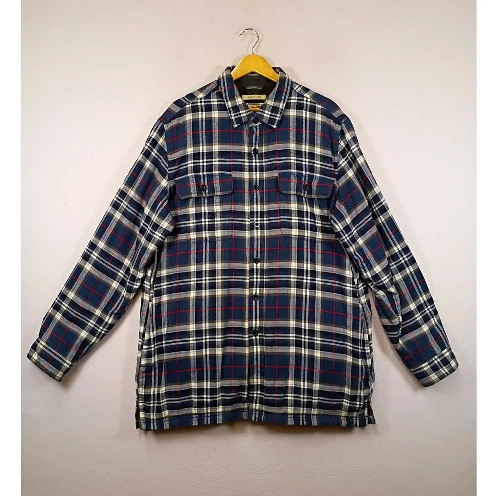 Outdoor Gorpcore LL Bean Men L Tall Blue Plaid Fleece Lined Flannel Shirt Jacket